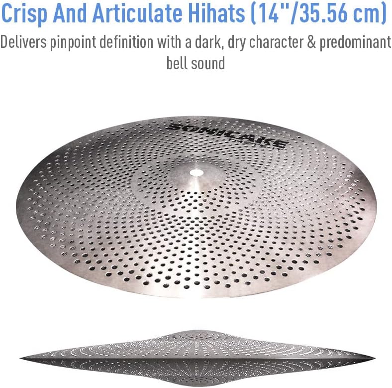 SONICAKE Low Volume Cymbal Pack Quiet Cymbal Set 14" Hi-Hat+16" Crash+18" Crash+20" Ride Cymbal Practice Set of 5pcs Silver - Image 3